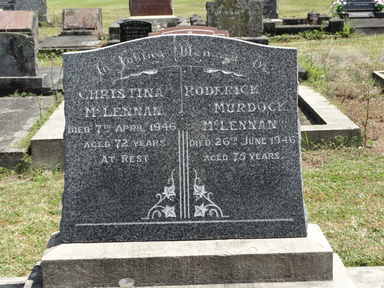 Photo of headstones/Roderick Murdoch McLennan d1946 hdstn Kauri cem
